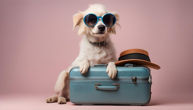 a dog wearing goggles and a hat sits on a suitcase