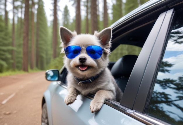 Photo a dog wearing goggles is sitting in a car with a car in the background