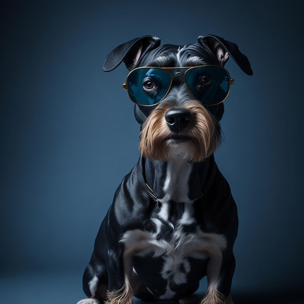 A dog wearing goggles and a pair of sunglasses sits on a blue background.