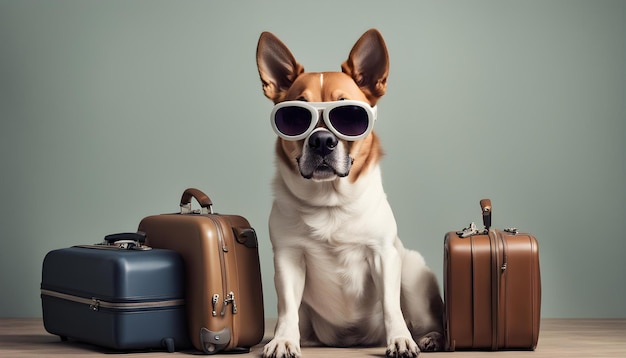 a dog wearing goggles sits next to some luggage