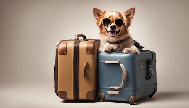 a dog wearing goggles sits on top of a suitcase with a dog wearing goggles