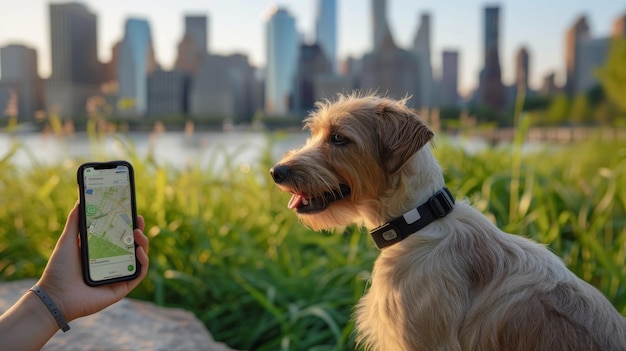 Photo dog wearing gps collar next to smartphone with location app in park