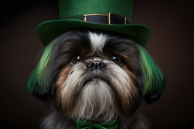 A dog wearing a green bow tie