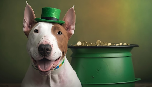 A dog wearing a green hat and a green hat stands next to a green barrel with gold coins.