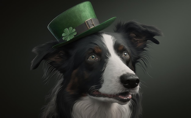 A dog wearing a green hat and a leprechaun hat with a shamrock on it. ai generated