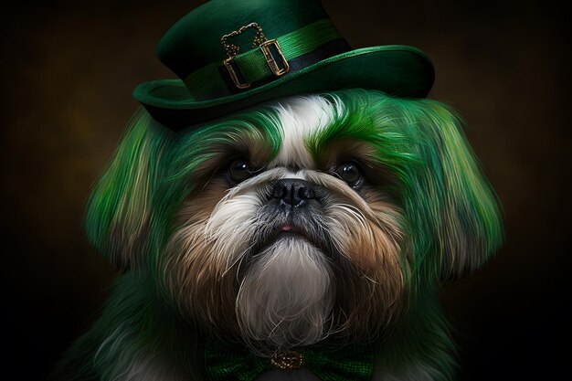 A dog wearing a green hat with the word st patricks day on it.