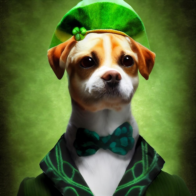 Dog wearing green St Patrick's Day outfit