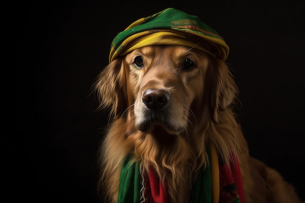 A dog wearing a green and yellow hat and scarf