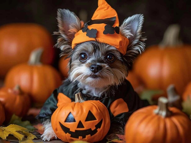 a dog wearing a halloween costume sits in front of a pumpkin patch