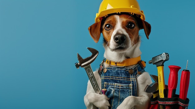 a dog wearing a hard hat and a hard hat holds a hammer