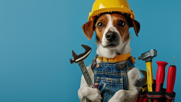 Photo a dog wearing a hard hat and a hard hat holds a hammer