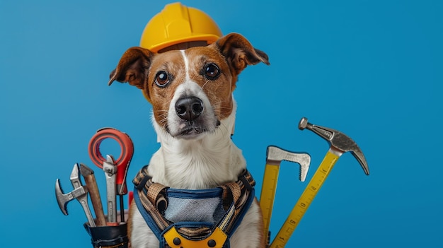 a dog wearing a hard hat and a yellow hard hat is wearing a hard hat