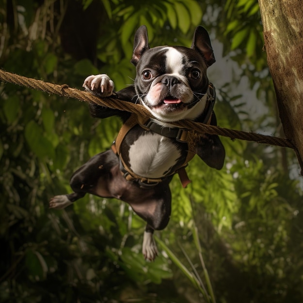 A dog wearing a harness is hanging from a rope in a jungle.