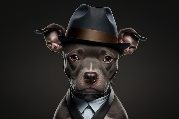 A dog wearing a hat and a fedora is wearing a fedora