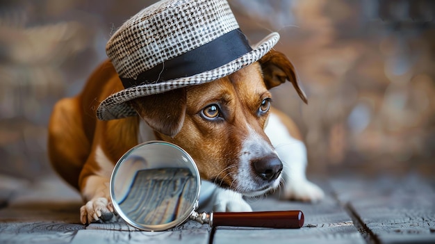 A dog wearing a hat and holding a magnifying glass looks intently at something off camera