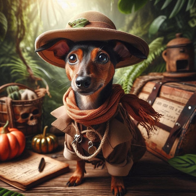 a dog wearing a hat sits on a log in the jungle