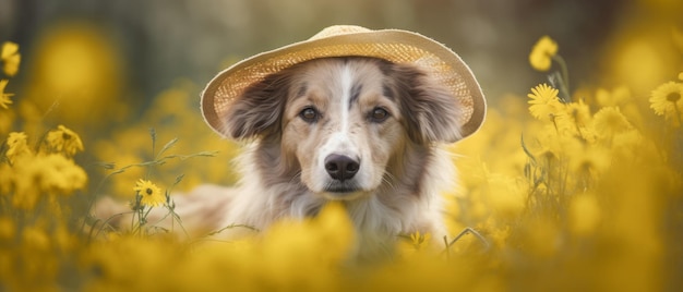 A dog wearing a hat and a straw hat sits in a field of yellow flowers.