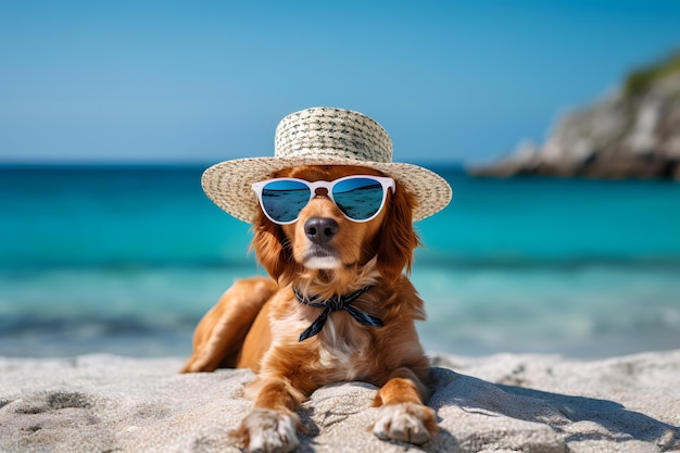 A dog wearing a hat and sunglasses on the beach Summer vacation with pets