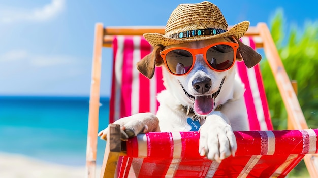 Photo a dog wearing a hat and sunglasses relaxes on a beach chair