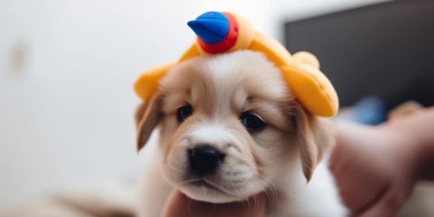 A dog wearing a hat that says'dog'on it '