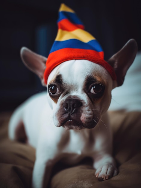 A dog wearing a hat that says'happy birthday'on it