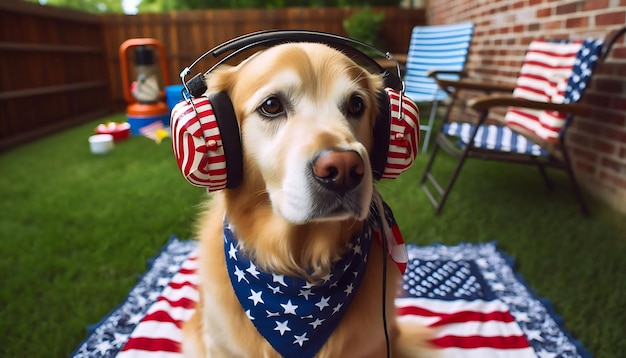 a dog wearing headphones and a scarf with the words quot the dog quot on it