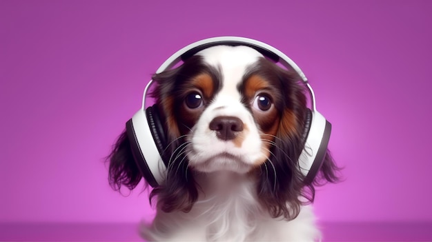 A dog wearing headphones with a purple background