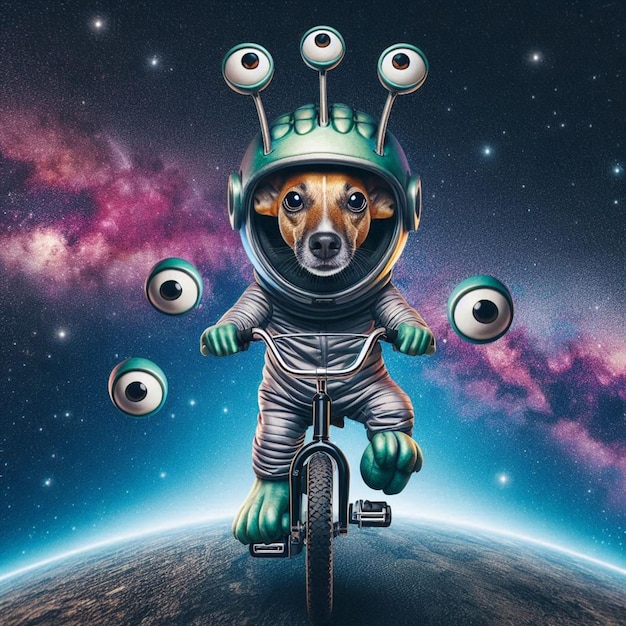 Photo a dog wearing a helmet is riding a bike with eyes on it