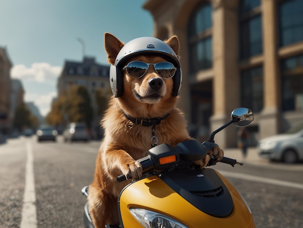 a dog wearing a helmet and sunglasses is riding a motorcycle with a helmet on