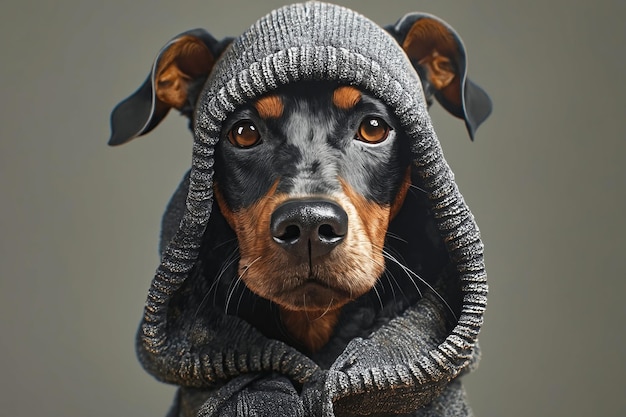 A dog wearing a hoodie and looking at the camera