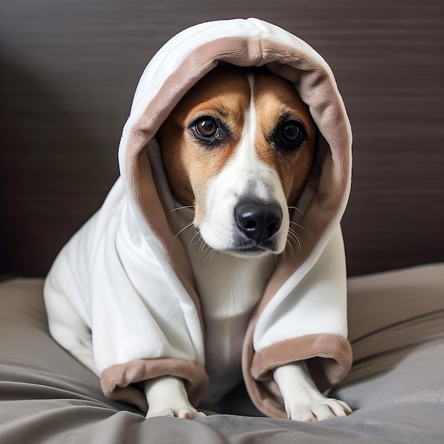 A dog wearing a hoodie that says " the word " on it.