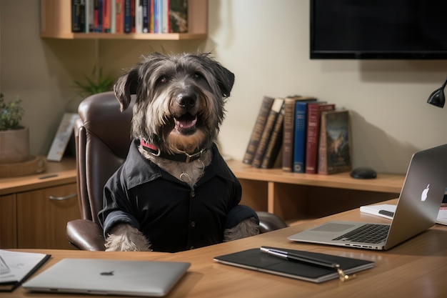 Photo a dog wearing a jacket sits in front of a computer