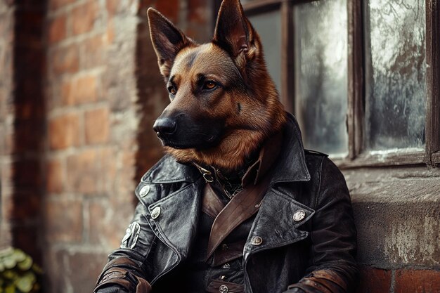 Photo a dog wearing a leather jacket sits on a bench