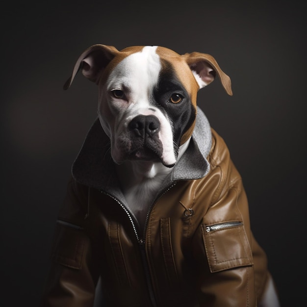 A dog wearing a leather jacket that says'dog'on it