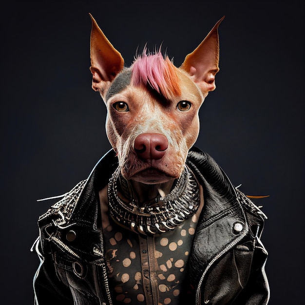 A dog wearing a leather jacket with a mohawk on it.