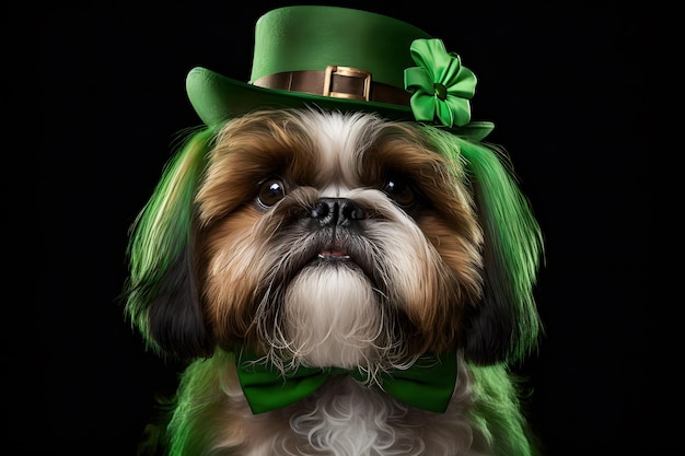 A dog wearing a leprechaun hat and a green bow tie