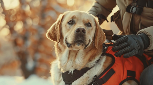 Photo a dog wearing a life jacket is being held by a person