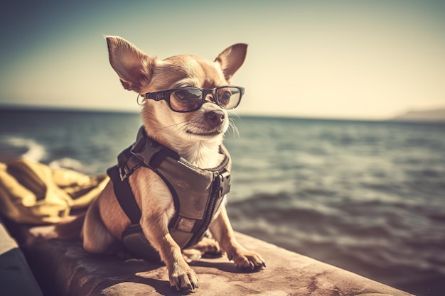 A dog wearing a life jacket and sunglasses sits on a raft in front of the ocean.