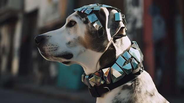 A dog wearing modern futuristic cubism collar and headgear in a cubism street