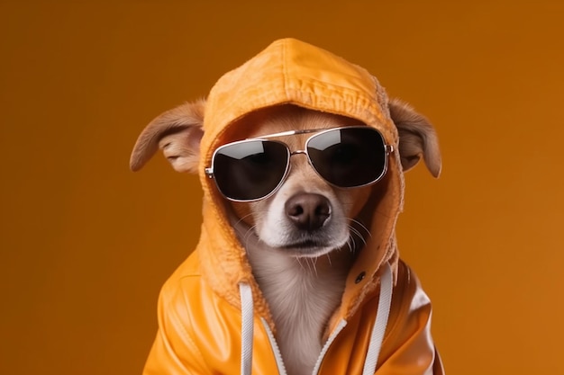 a dog wearing an orange jacket with sunglasses on it