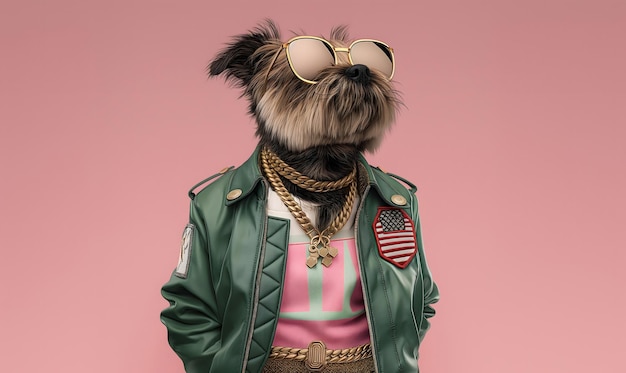 Photo a dog wearing a orange suit and sunglasses is wearing a yellow jacket with a shirt that says pom on