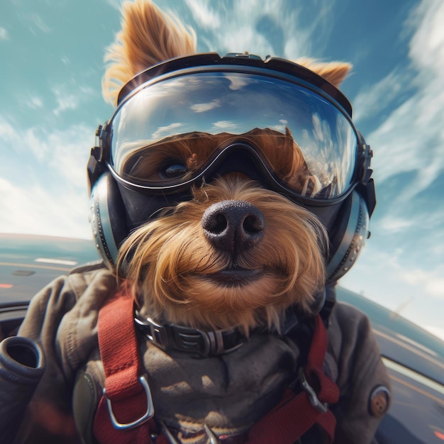 A dog wearing a pilot suit and goggles is sitting in a plane.