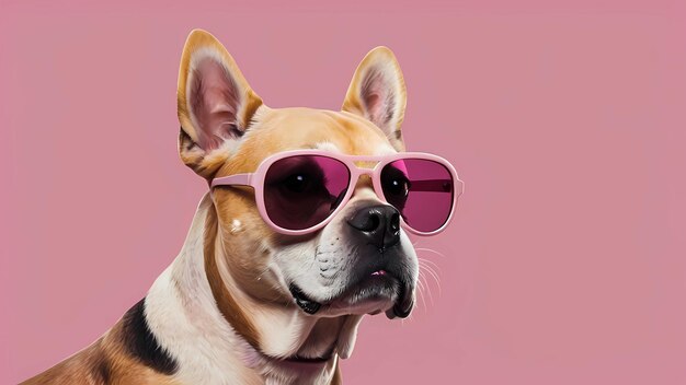 Photo a dog wearing pink sunglasses and a pink background