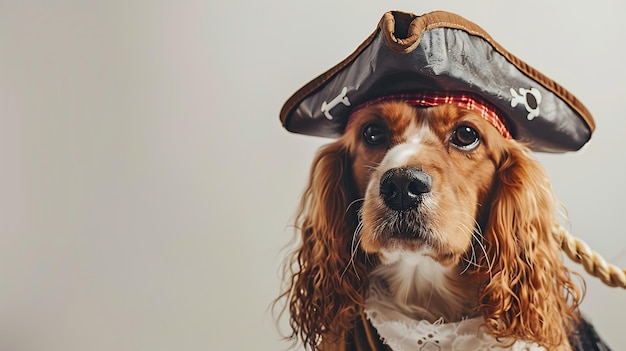 a dog wearing a pirate hat sits in front of a gray background