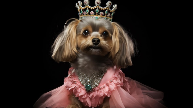 Dog wearing a princess costume and a tiara on black background