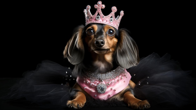 Dog wearing a princess costume and a tiara on black background