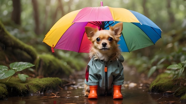 a dog wearing a rain jacket and a raincoat with a colorful umbrella