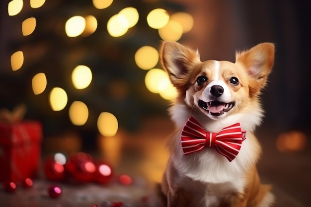 A dog wearing a red bow tie on Christmas bokeh background