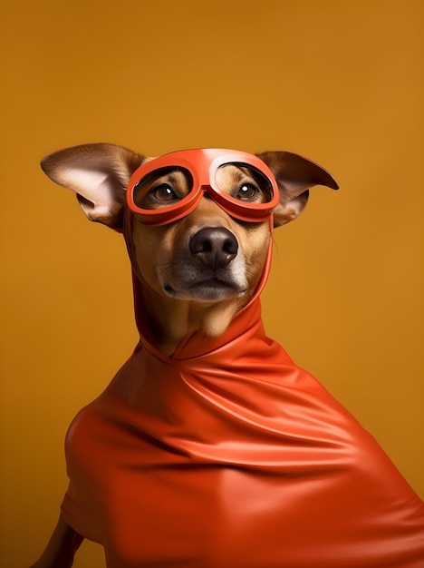 A dog wearing a red cape and a mask