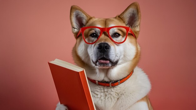 a dog wearing red glasses holds a book in his mouth